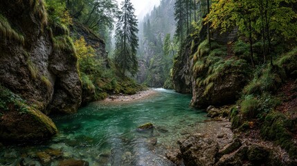 Serene river flowing through Partnach Gorge in Bavaria, Germany with mossy rocks, lush green forest, and dramatic cliffs