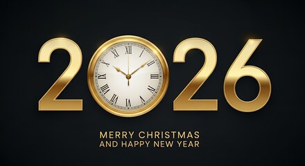 Golden 2026 numbers with classic clock face, celebrating New Year and Christmas, elegant design on dark background