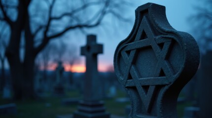 Jewish gravestone with Star of David symbol at cemetery at dusk. Blue hour atmosphere over graveyard with bare trees. Sacred place for religious remembrance and mourning.