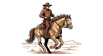 Cartoon style cowboy character riding horse on isolated white background image