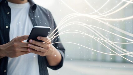 A person using a smartphone, with abstract lines and particles suggesting connectivity and digital interaction.