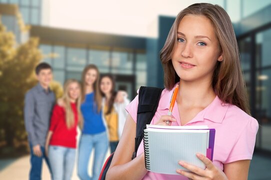 beautiful university students chatting and carrying books