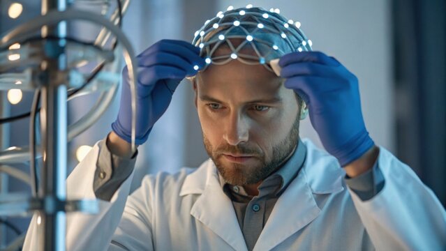 A focused scientist in a lab adjusts a neural device on his head, showcasing advanced research in brain technology and neuroscience.