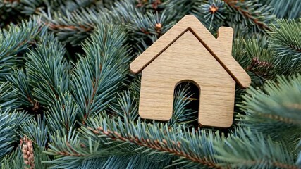 A wooden house decoration rests among green evergreen branches, capturing a cozy holiday spirit and seasonal charm