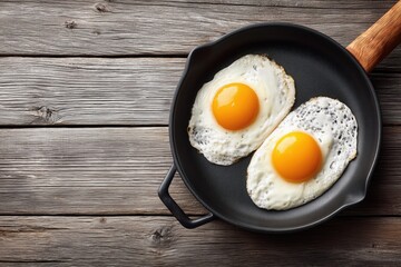 Fried eggs in a pan on a wooden background, top view.