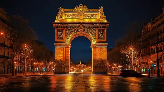 arch of triumph in barcelona, spain at night timelapse video