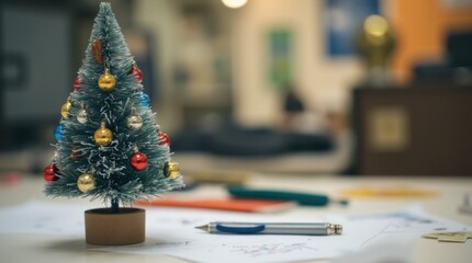 Mini decorated Christmas tree on empty office desk amid papers pens. Lonely corporate holiday symbol, abandoned festive workspace vibe. 
