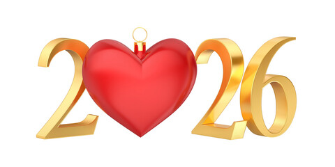 Happy New Year 2026 card with golden numbers and red heart shaped Christmas ornament