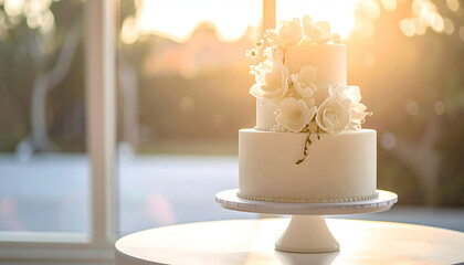 Elegant Wedding Cake: A pristine, two-tiered wedding cake adorned with delicate floral arrangements and elegant gold accents stands proudly on a pedestal table.