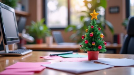 Mini decorated Christmas tree on empty office desk amid papers pens. Lonely corporate holiday symbol, abandoned festive workspace vibe. 
