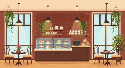 Cozy cafe interior scene with display case and seating ambiance