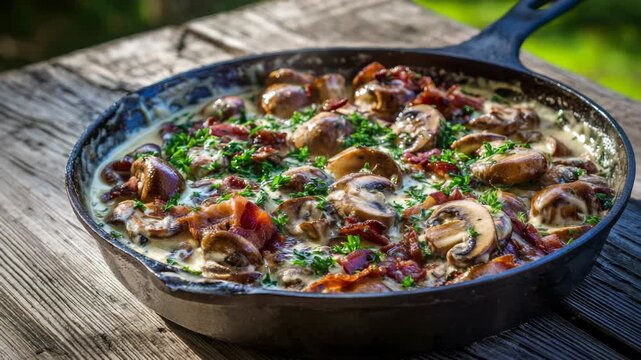 Creamy mushroom and bacon skillet garnished with fresh herbs on rustic wooden table