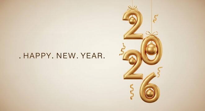 Golden 2026 Numbers with Festive Ornaments and Ribbons Celebrating New Year's Eve Holiday