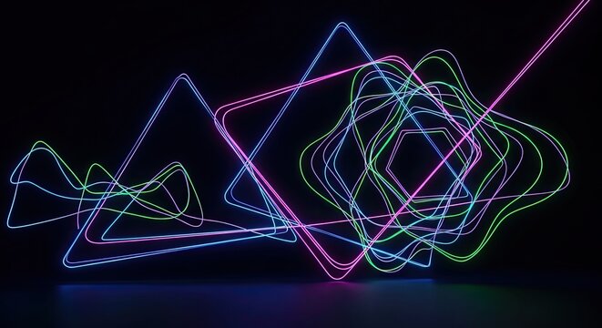 Dynamic neon lights creating abstract shapes in vibrant colors, perfect for a modern tech background or futuristic design project, glowing with energy and imagination