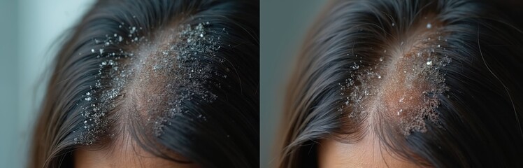 Side by side comparison shows woman scalp before, after dandruff treatment. White flakes visible on dark hair, indicating common skin condition. Careful examination affected area. Healthy hair needs