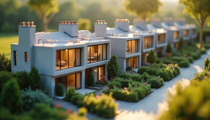 Obraz premium Model of modern townhouse row in green suburban setting. Miniature houses with clean design and large windows show interior details. Rich landscaping surrounds residential community.