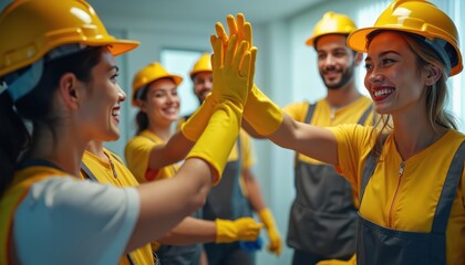 Cleaning crew wearing yellow uniforms and helmets give high fives. Diverse team celebrates success after finishing indoor work. Group shows unity and positive team spirit.