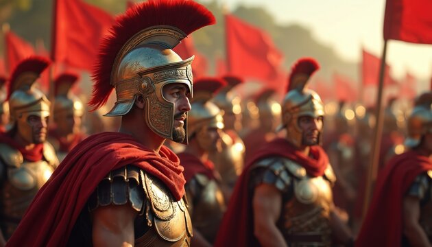 Ancient Roman soldiers stand in military formation. Men wear golden helmets with red plumes, intricate armor. Prepare for battle historical parade. Powerful, disciplined army march, conquer, showing