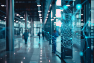 Futuristic digital interface at the entry of a secure facility, displaying a holographic scan of a human face using facial recognition technology, concept of security and advanced access control
