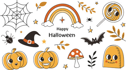 Happy halloween Boho abstract set. creative contemporary aesthetic doodle elements. Bohemian mystical magic collection clip art hand drawing style.  Vector illustration