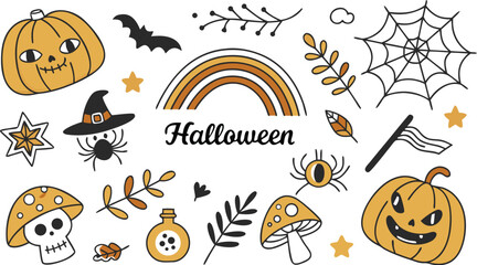 Happy halloween Boho abstract set. creative contemporary aesthetic doodle elements. Bohemian mystical magic collection clip art hand drawing style.  Vector illustration
