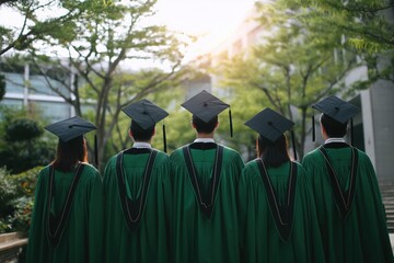 Five Asian students wearing green gowns and black caps stand in front of the university, with their backs to the camera.
