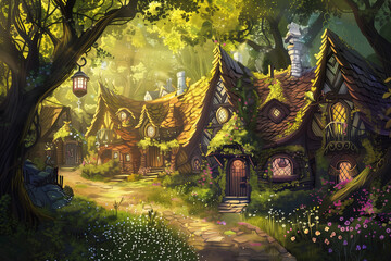 Naklejka premium Enchanted village with whimsical cottages nestled among lush greenery, illuminated by soft sunlight filtering through trees, creating a magical atmosphere in a serene forest setting