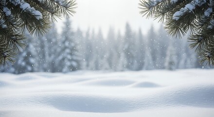 Serene winter landscape with falling snow and snow covered pine branches framing a blurred forest background