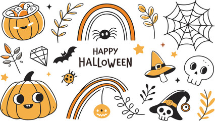 Happy halloween Boho abstract set. creative contemporary aesthetic doodle elements. Bohemian mystical magic collection clip art hand drawing style.  Vector illustration