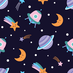 cartoon space seamless pattern, flat style