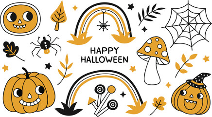 Happy halloween Boho abstract set. creative contemporary aesthetic doodle elements. Bohemian mystical magic collection clip art hand drawing style.  Vector illustration