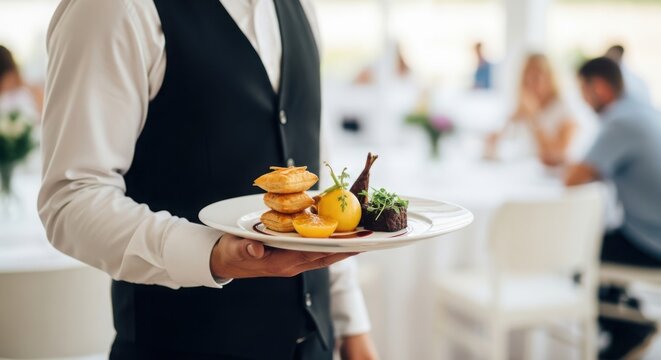 Professional waiter presents delicious appetizers plate with gourmet food in bright restaurant ambiance