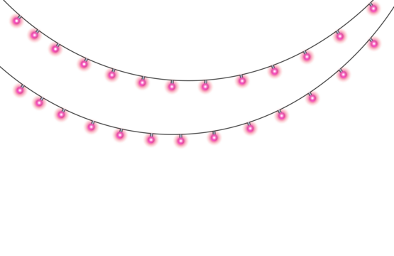 Soft glowing pink fairy lights strung in a curve against a dark background