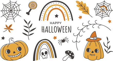 Happy halloween Boho abstract set. creative contemporary aesthetic doodle elements. Bohemian mystical magic collection clip art hand drawing style.  Vector illustration