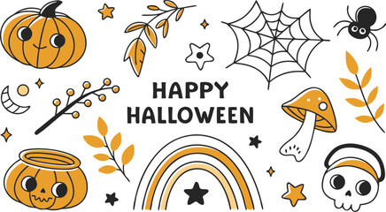 Happy halloween Boho abstract set. creative contemporary aesthetic doodle elements. Bohemian mystical magic collection clip art hand drawing style.  Vector illustration