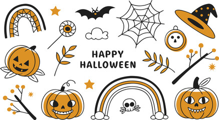 Happy halloween Boho abstract set. creative contemporary aesthetic doodle elements. Bohemian mystical magic collection clip art hand drawing style.  Vector illustration