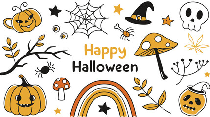 Happy halloween Boho abstract set. creative contemporary aesthetic doodle elements. Bohemian mystical magic collection clip art hand drawing style.  Vector illustration