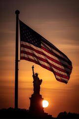 Naklejka premium Statue of Liberty silhouette beneath a waving American flag at golden sunset in dramatic patriotic artwork