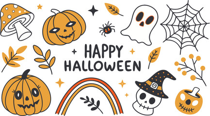 Happy halloween Boho abstract set. creative contemporary aesthetic doodle elements. Bohemian mystical magic collection clip art hand drawing style.  Vector illustration