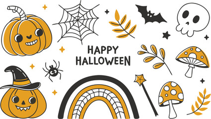 Happy halloween Boho abstract set. creative contemporary aesthetic doodle elements. Bohemian mystical magic collection clip art hand drawing style.  Vector illustration