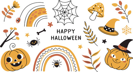 Happy halloween Boho abstract set. creative contemporary aesthetic doodle elements. Bohemian mystical magic collection clip art hand drawing style.  Vector illustration