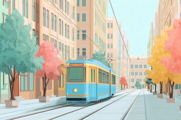 Obraz premium A simple, colorful flat vector of a tram moving through a European-style city street, framed by trees and buildings in pastel tones.