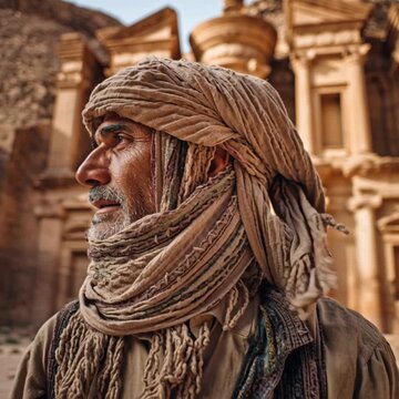 HD video, National Geographic quality, Beduin man standing in front of the courthouse in Petra