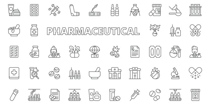 Pharmaceutical icons in line design. pharmaceutical, medicine, drugs, pharmacy, pill, capsule, laboratory on white background vector. Pharmaceutical editable stroke icons