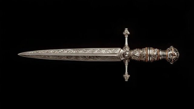 Ornate medieval dagger with intricate detailing on blade and hilt against black background