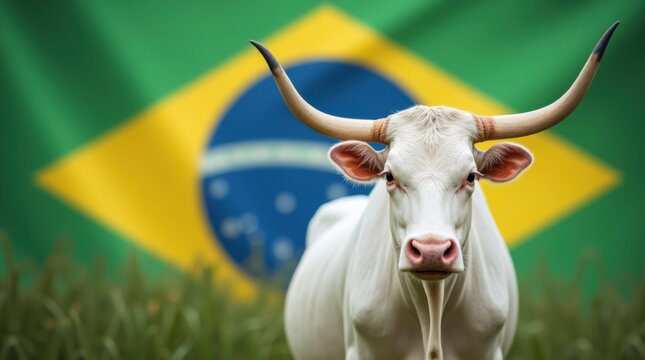 White Nellore cattle with blurred Brazil flag background. Zebu ox symbol of national agribusiness, livestock industry, meat production. Bull represents beef farming, export commodity, animal