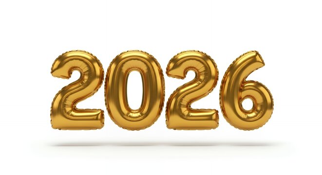 Golden 2026 balloons forming the year number, shiny metallic foil celebration decoration for New Year's Eve and future events