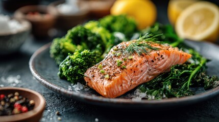 Arthritis - Soothing Foods. Delicious salmon fillet served with fresh greens and lemon slices on a dark plate.