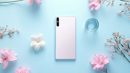 A minimalist flat lay composition featuring a white smartphone, surrounded by soft pink and white flowers and a clear glass of water, set against a light blue b