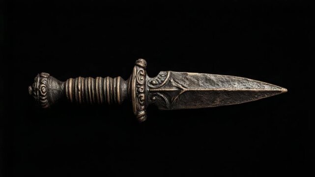 Antique ornate bronze dagger with intricate handle and blade design on black background